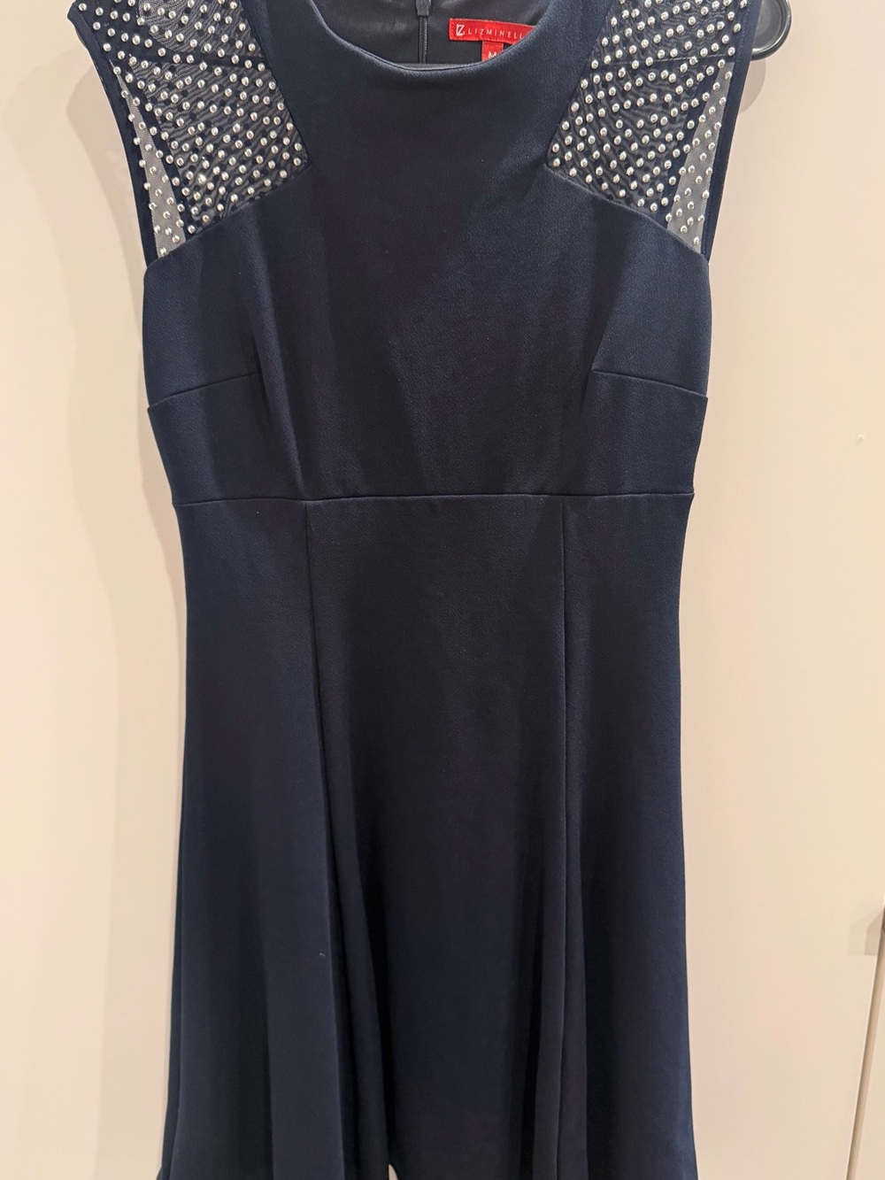 Minelli Navy Studded Shoulder Fit-and-Flare Midi Dress